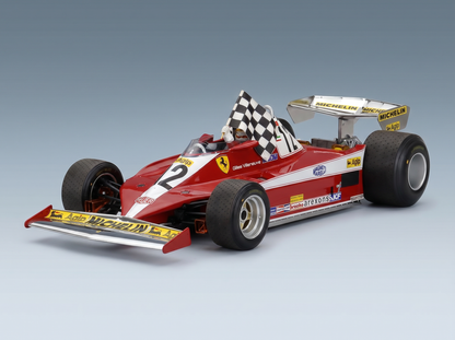 Maqueta a escala de un Ferrari F1 rojo con bandera a cuadros y calcomanías detalladas de patrocinadores, de la colección Vroomi