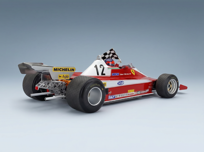 Maqueta a escala de un Ferrari de F1 en rojo y blanco con bandera a cuadros y logotipos detallados de los patrocinadores, de Vroomi