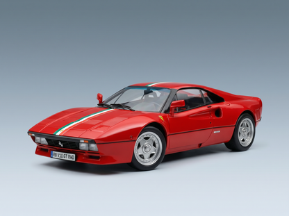 Red Ferrari scale model car with Italian tricolor stripe, showcased by Vroomi for collectors