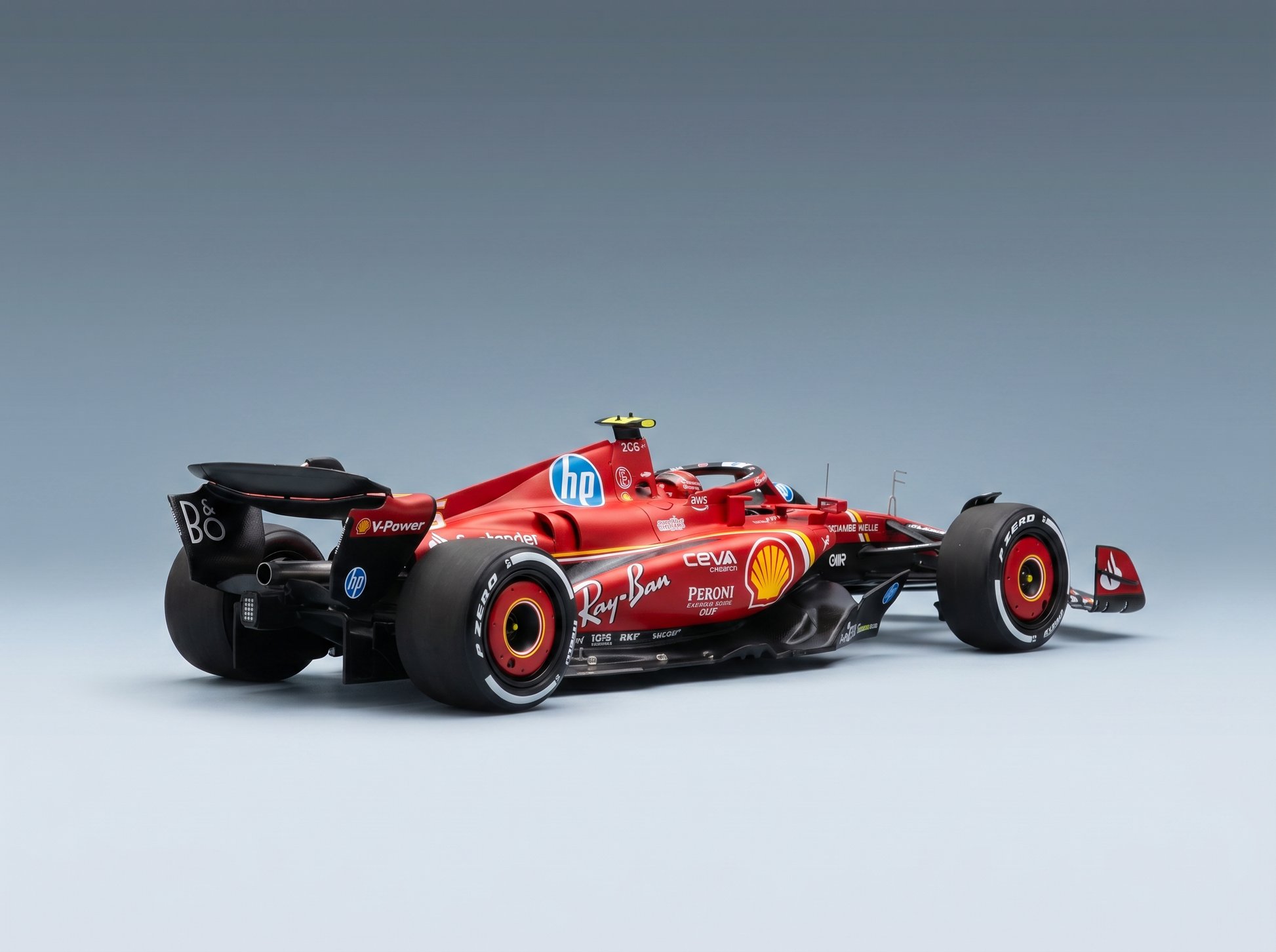 Rotes Ferrari-F1-Modellauto im Maßstab 1:1 mit Shell-, Ray-Ban- und HP-Logos – Vroomi-Sammler-Replik