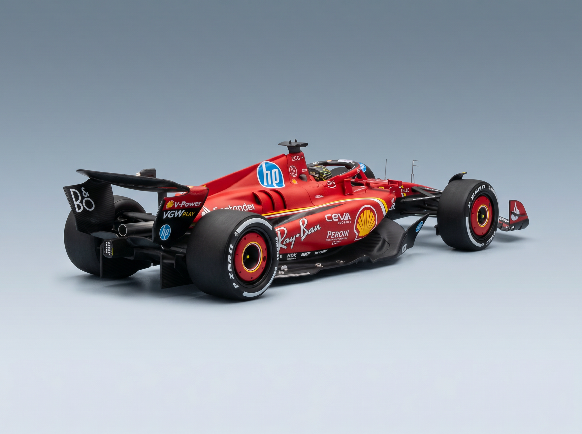 Rotes Ferrari-F1-Modellauto im Maßstab 1:1 mit Shell-, Ray-Ban- und HP-Logos – Vroomi-Sammler-Replik