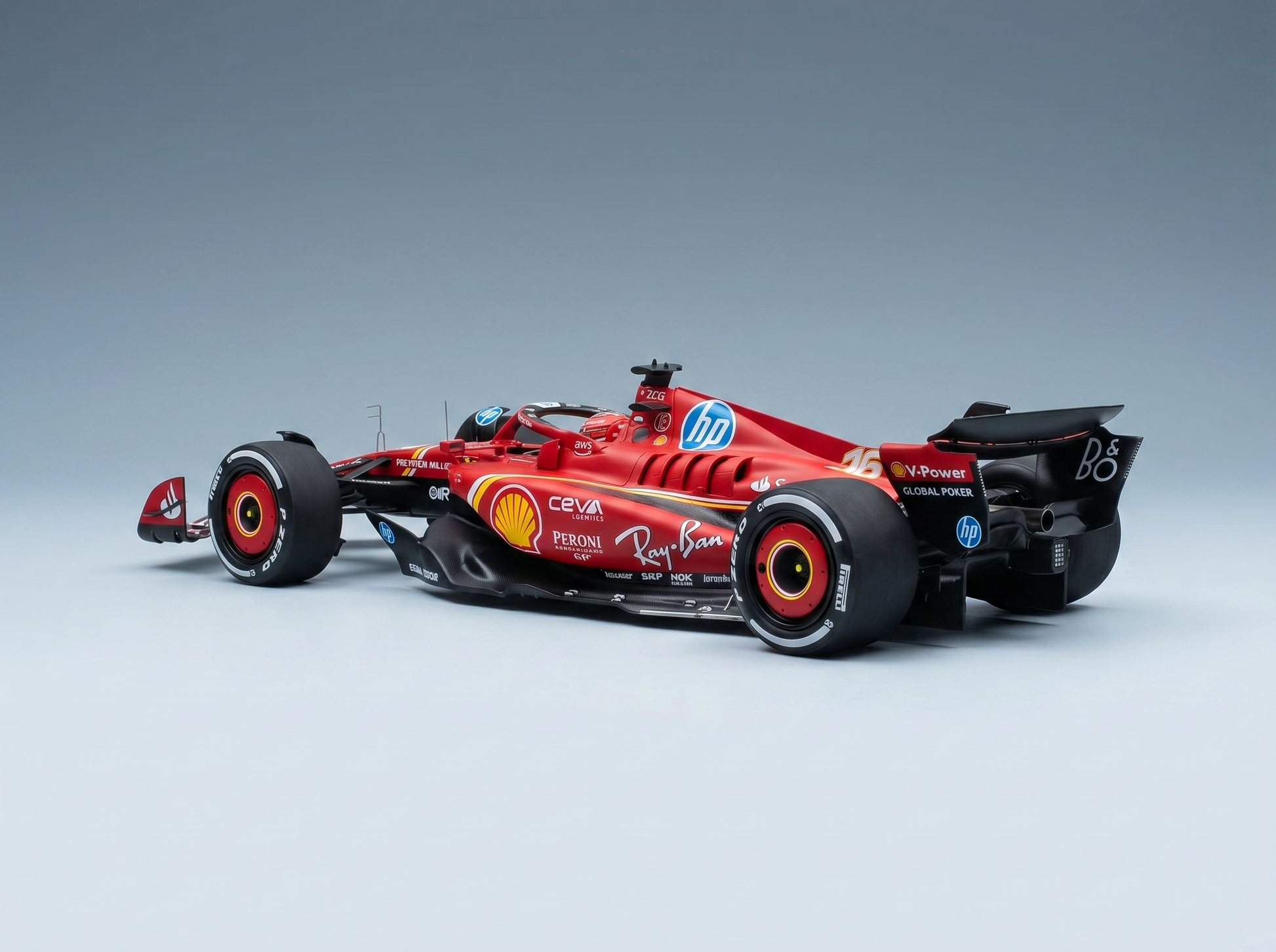 Rotes Ferrari-F1-Modellauto im Maßstab 1:1 mit Shell-, Ray-Ban- und HP-Logos – Vroomi-Sammler-Replik