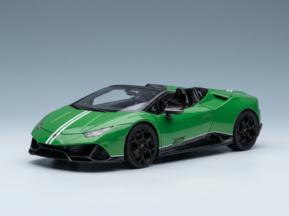 Grünes Lamborghini Huracán STO-Modellauto mit weißen Streifen, präsentiert von Vroomi für Sammler.