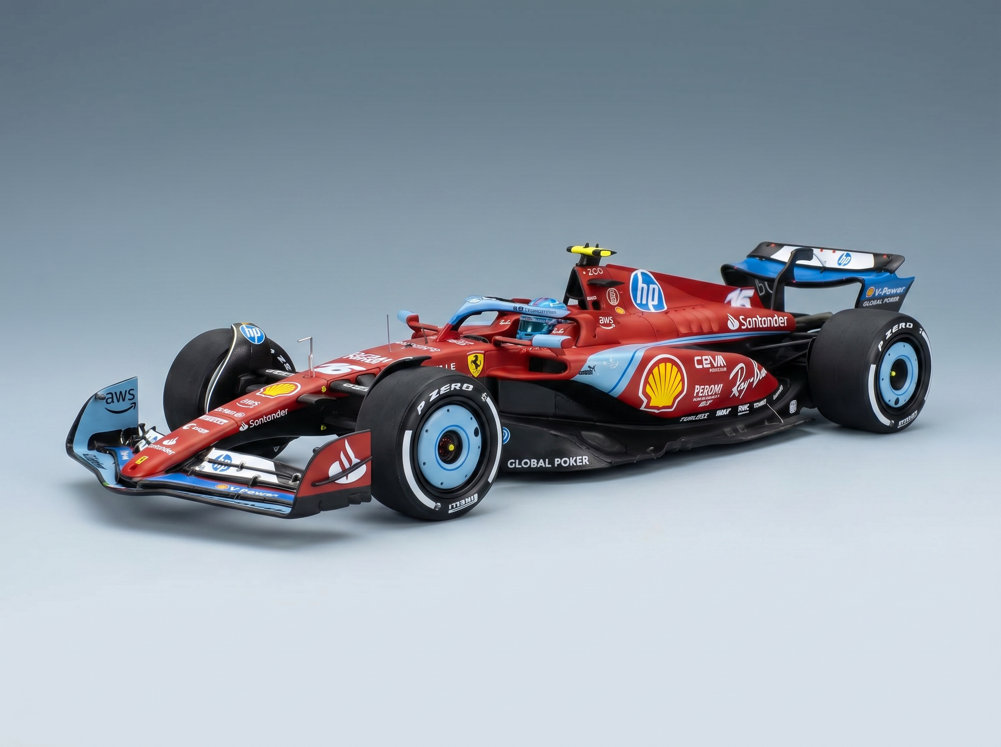 Rotes Ferrari-F1-Modellauto mit den Logos von Shell, HP und Santander, präsentiert von Vroomi