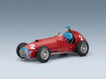 Red vintage race car scale model with driver, Pirelli tires, number 2 — Vroomi collector replica
