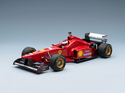 Red Ferrari F1 scale model car with Shell and Goodyear decals, showcased by Vroomi for collectors.