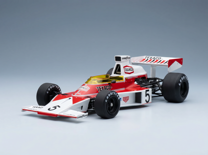 Modèle réduit rouge et blanc d'une voiture de Formule 1 Texaco, équipé de pneus Goodyear, numéro 5, de la marque Vroomi