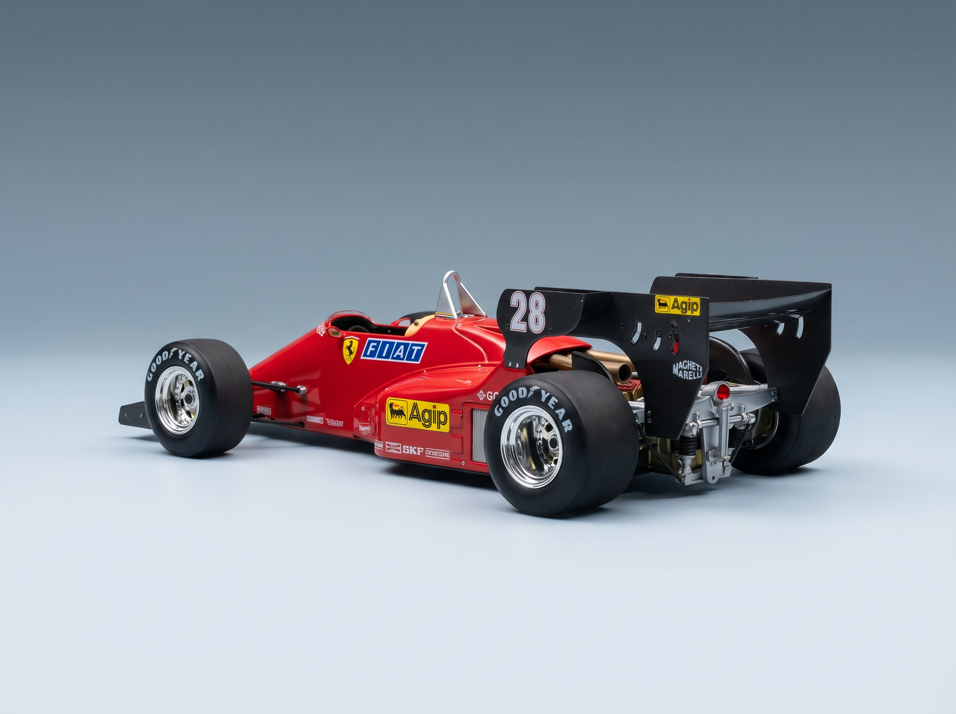modellino in scala di una Ferrari F1 rossa modellino i loghi Agip e Goodyear, presentato da Vroomi per i collezionisti.