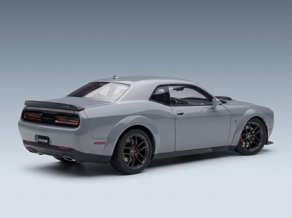 Gray Dodge Challenger scale model car from Vroomi, showcasing detailed rear and side design