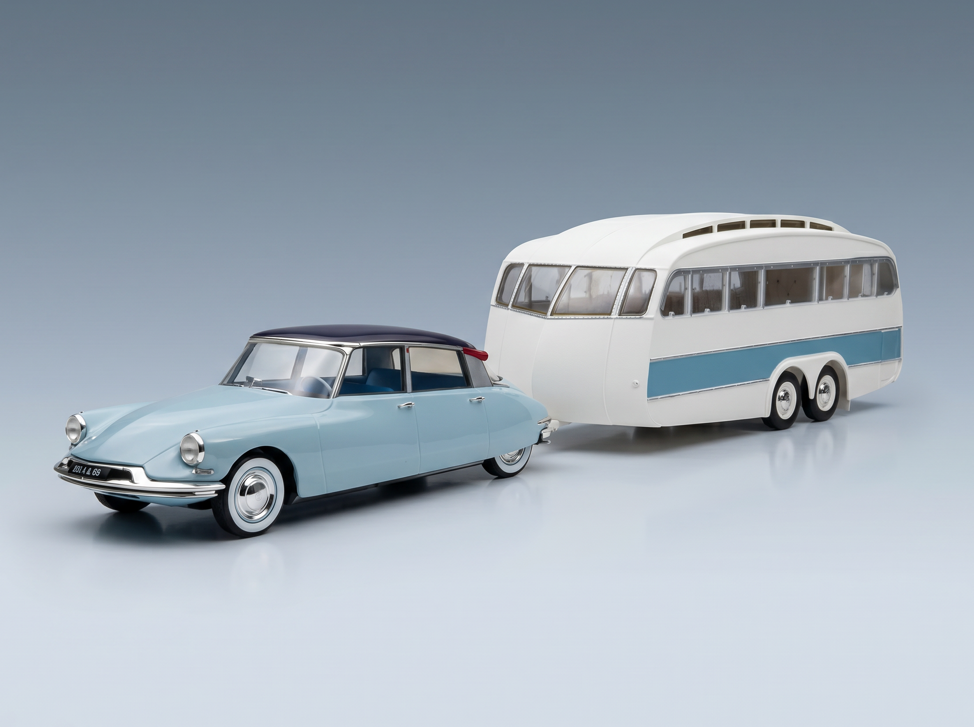 CITROEN - DS19 WITH ROULOTTE 1960 - YELLOW WHITE Scale model car on Vroomi