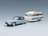 Light blue vintage scale model car towing white camper trailer, perfect for Vroomi collectors