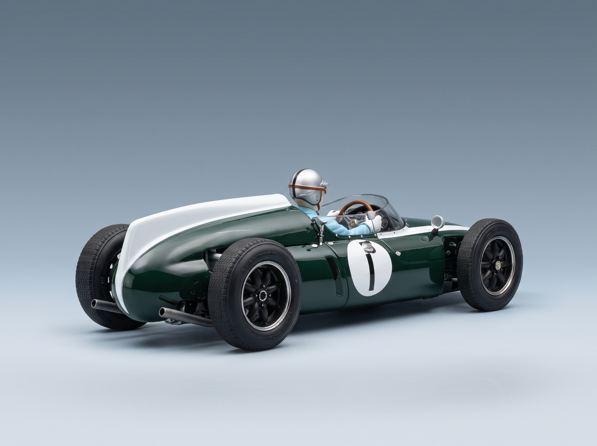 Green and white vintage race car scale model with driver, Vroomi collectible