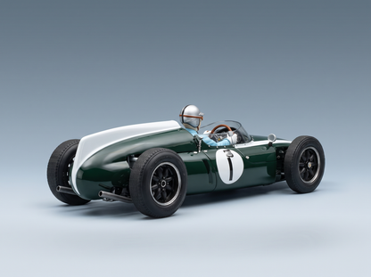 Green and white vintage race car scale model with driver, Vroomi collectible