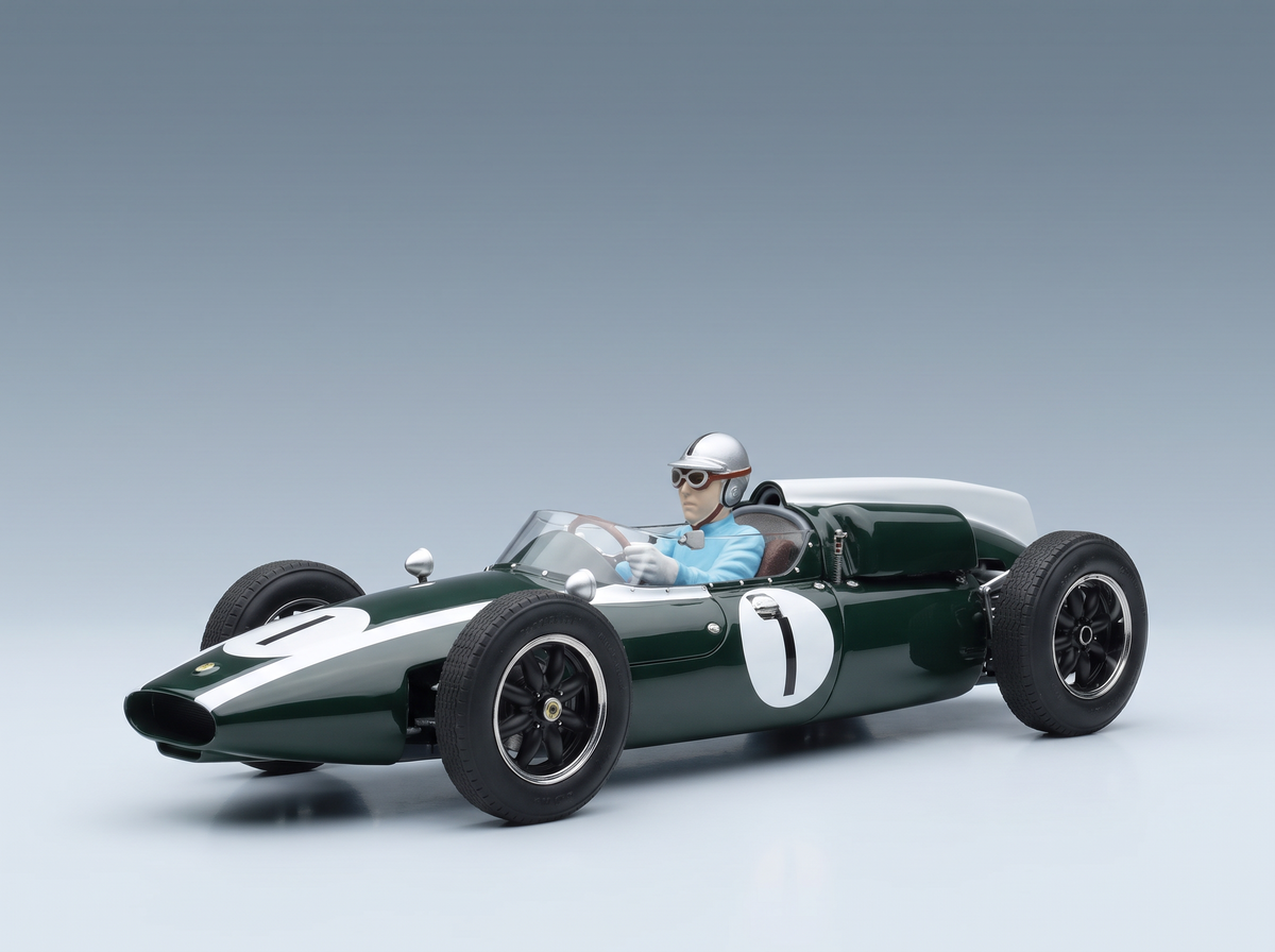 Green and white scale model car with driver, Vroomi collection