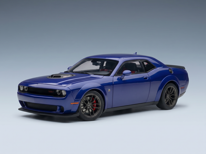 Blue Dodge Challenger SRT Hellcat scale model car from Vroomi, featuring black rims and detailed exterior.