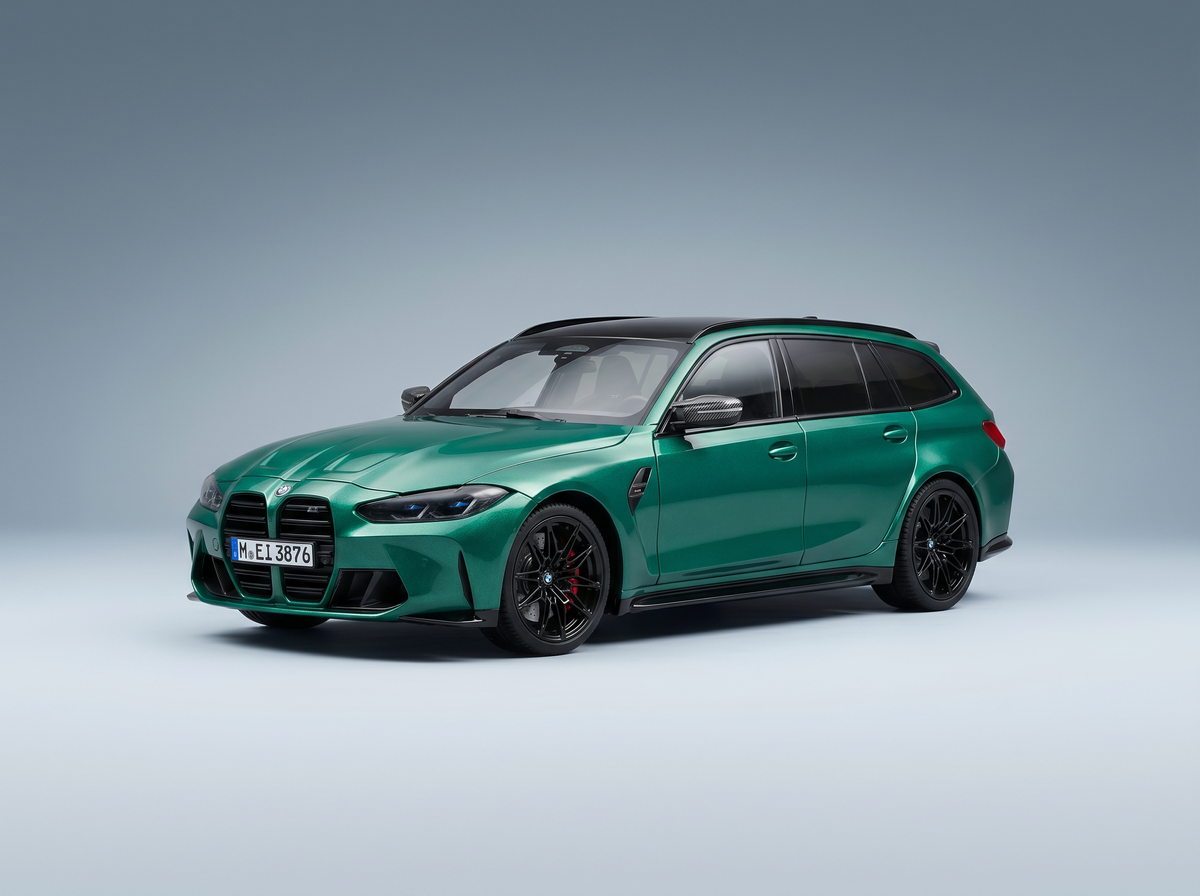 Voiture miniature BMW M3 Touring verte par Vroomi, avec jantes noires et design élégant