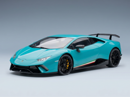 Turquoise Lamborghini Huracán Performante scale model car with black accents, showcased by Vroomi