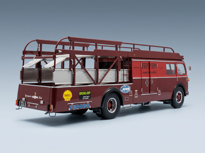Ferrari team transport truck scale model car by Vroomi, detailed with Shell, Dunlop, and Ferodo branding.