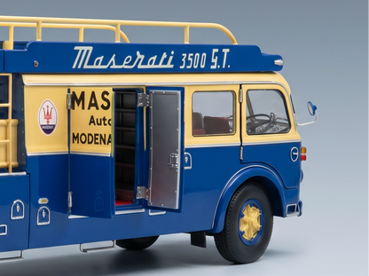 Blue and yellow Maserati 3500 S.T. scale model car from Vroomi, featuring open doors and detailed interior.