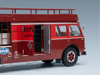 Red Ferrari transport truck scale model car from Vroomi, detailed with open doors and Modena branding