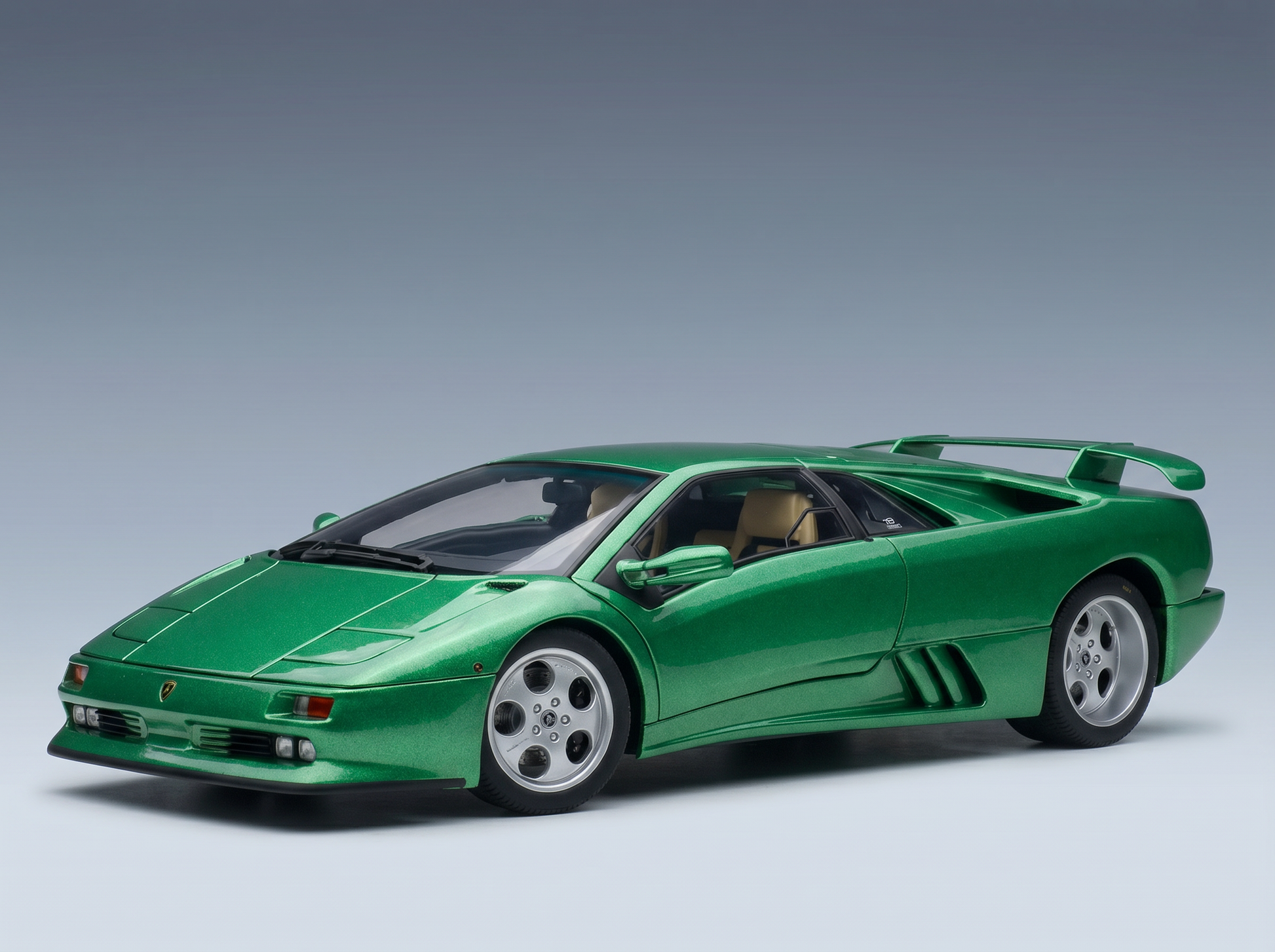 Green Lamborghini scale model car from Vroomi, showcasing sleek design and detailed features.