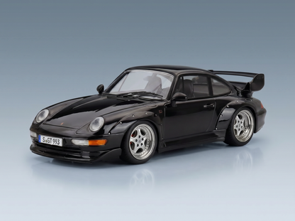 Black Porsche 911 GT2 scale model car with rear wing, showcased by Vroomi for collectors