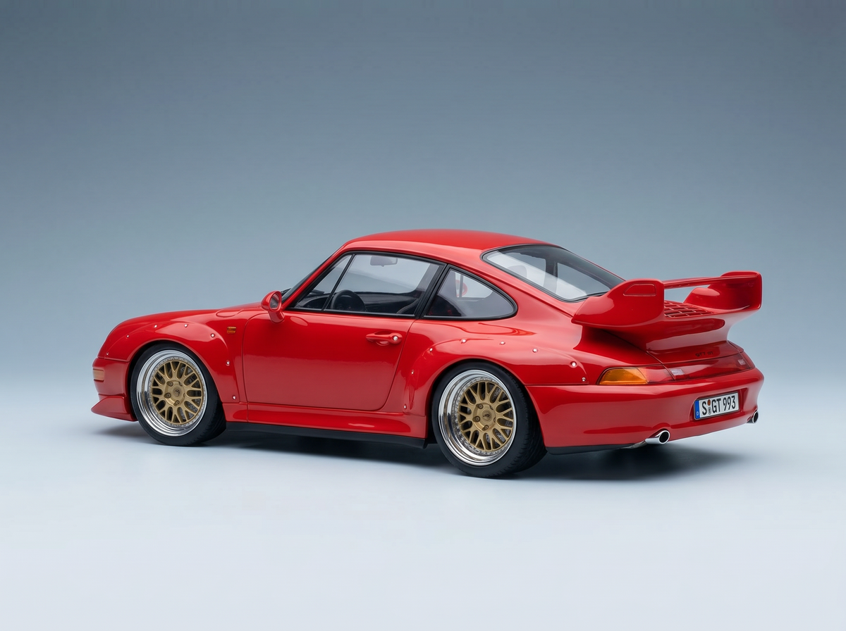 Red Porsche 911 GT2 scale model car with gold rims, showcased by Vroomi for collectors.