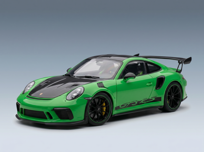 Grünes Porsche GT3 RS-Modellauto von Vroomi mit schwarzen Akzenten und detailgetreuer Gestaltung.