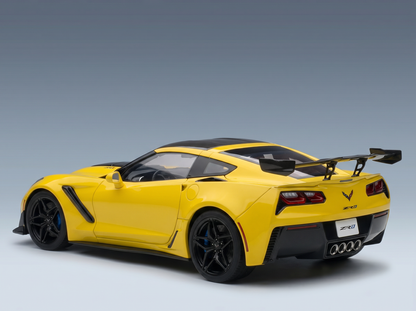 Yellow Corvette ZR1 scale model car with black accents, showcased by Vroomi for collectors
