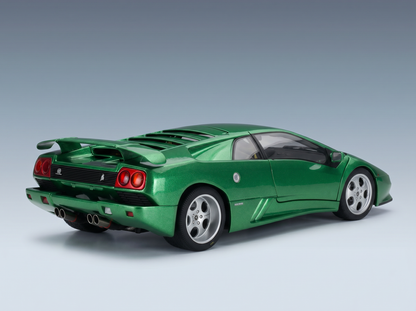 Green Lamborghini Diablo scale model car from Vroomi, showcasing detailed rear design and alloy wheels.