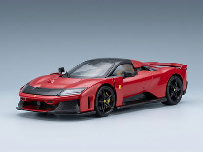 Red Ferrari scale model car with black accents, showcased by Vroomi for collectors and motorsport fans.
