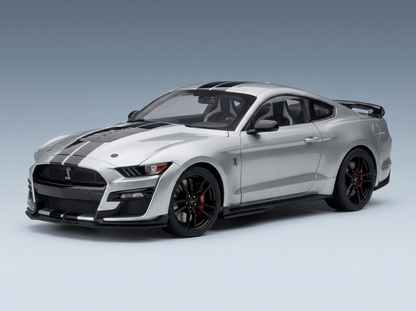 Silver Shelby GT500 scale model car with black stripes, showcased by Vroomi for collectors