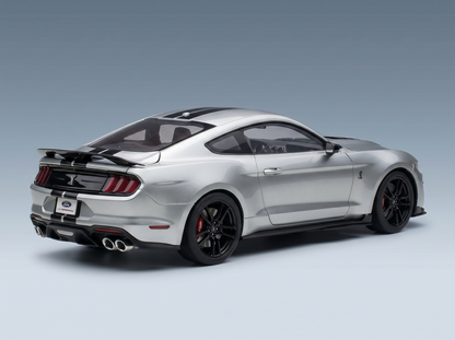 Silver Ford Mustang GT scale model car with black stripes, showcased by Vroomi for collectors.