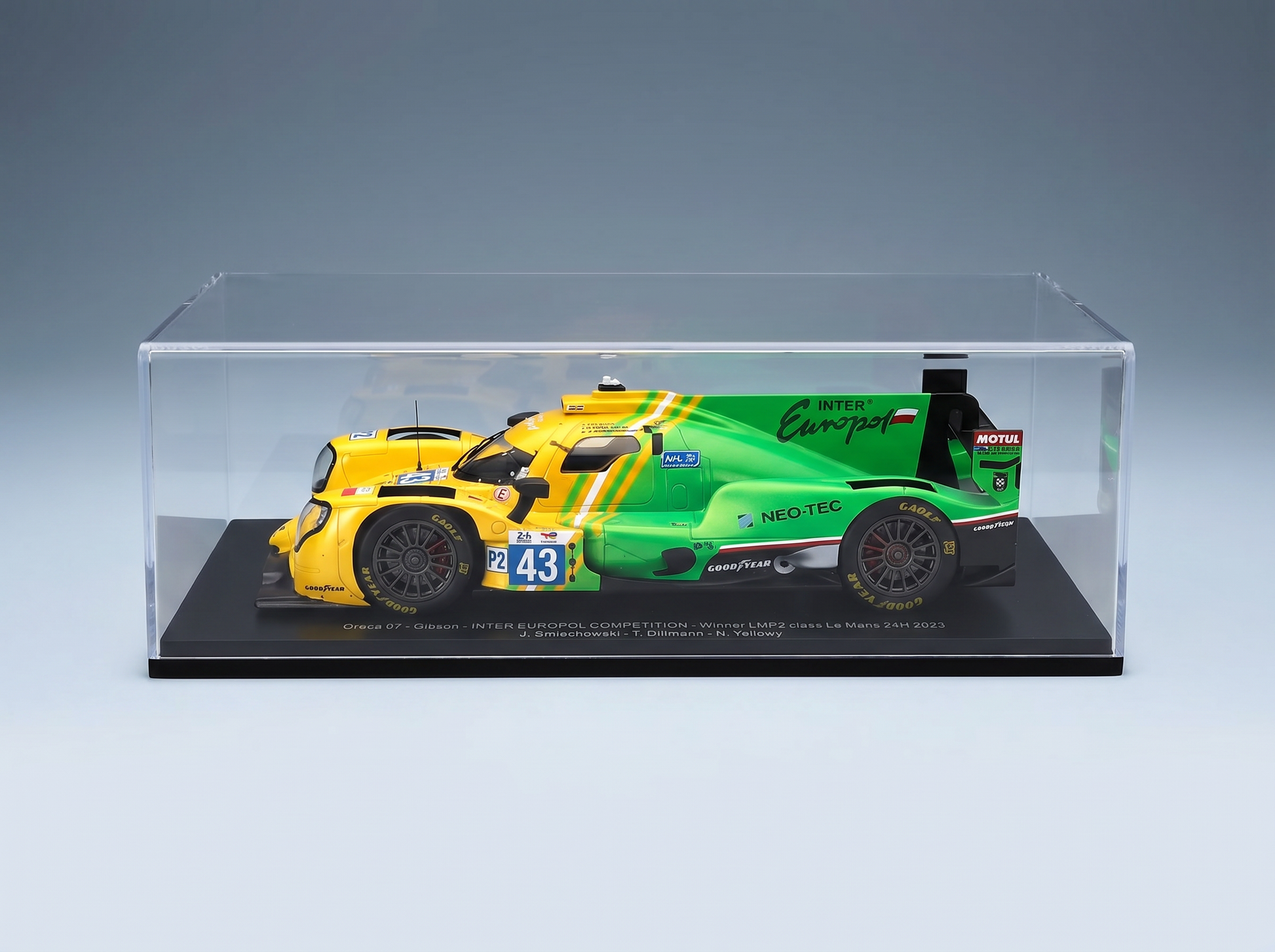 ORECA - 07 GIBSON GK428 4.2L V8 TEAM INTER EUROPOL COMPETITION N 43 WINNER LMP2 CLASS 24h LE MANS 2025 TOM DILLMANN - JAKUB SMIECHOWSKI - NICK YELLOLY - YELLOW GREEN Scale model car on Vroomi