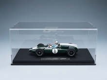 Cooper T53 1960 Jack Brabham scale model car in display case, Vroomi collectible racing replica