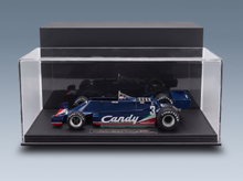 Ligier JS11 1979 scale model car by Vroomi, displayed in clear case with Candy livery and Goodyear tires.