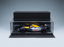 Williams FW14B scale model car by Vroomi, featuring Canon, Elf, and Labatt's livery in display case