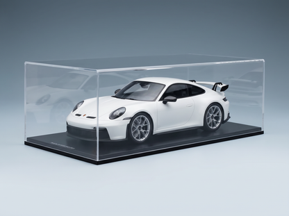 modellino , modello in scala di una Porsche 911 GT3 bianca, in teca, collezione Vroomi