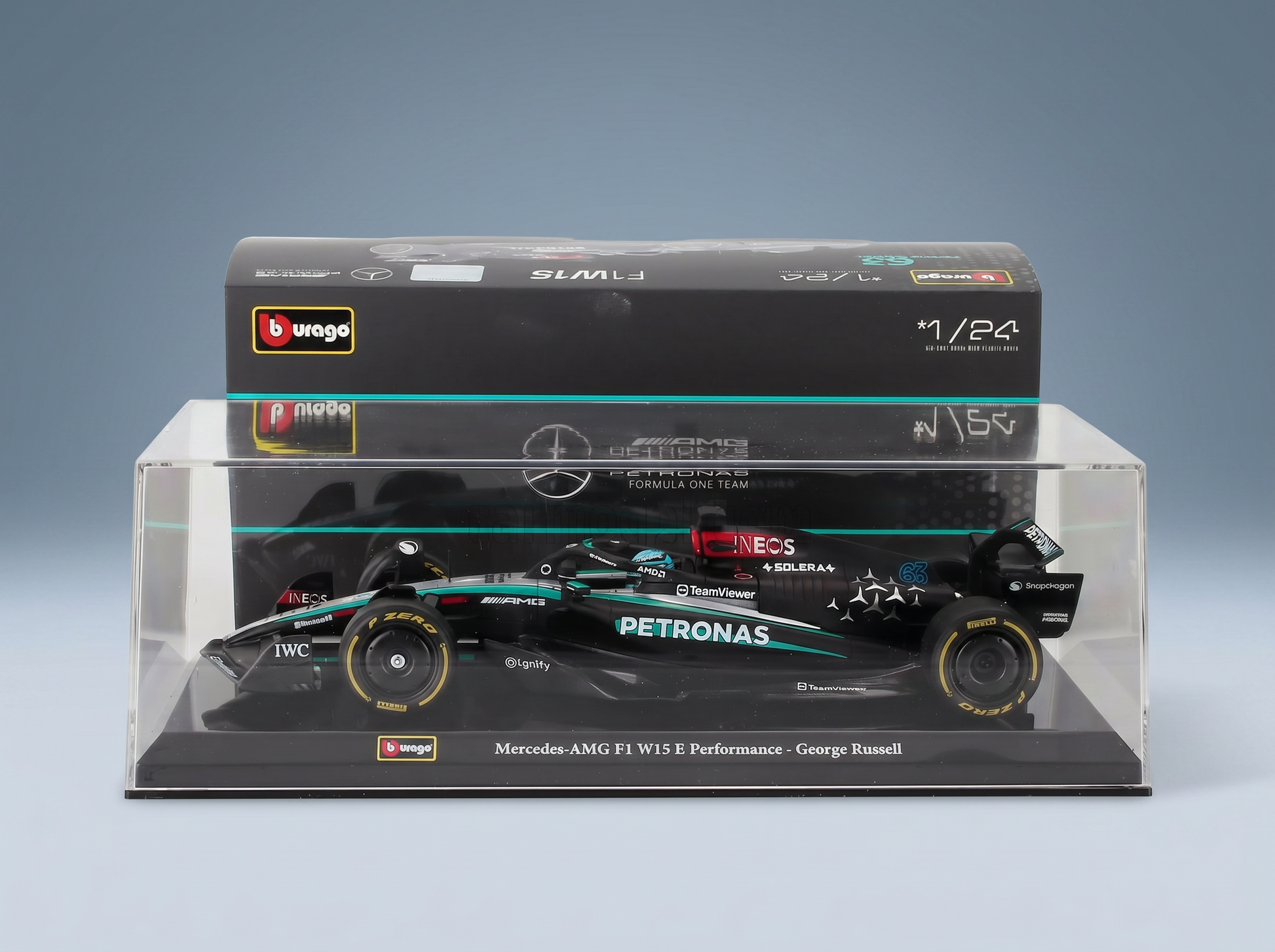 Mercedes-AMG F1 W15 E Performance scale model car by Bburago, displayed in clear case — Vroomi