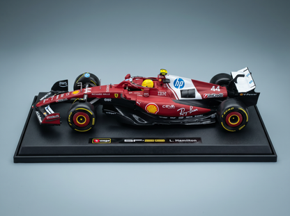 Red and white scale model car of L. Hamilton's SF-25, showcased at Vroomi for collectors.