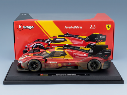 Ferrari 499P-Modellauto von Vroomi im Design des Siegers des 24-Stunden-Rennens von Le Mans 2024 mit leuchtend roter und gelber Lackierung.