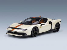 Cream-colored ferrari sf90 stradale model car with black accents and orange racing stripes from ferrari 849 testarossa 2025 set