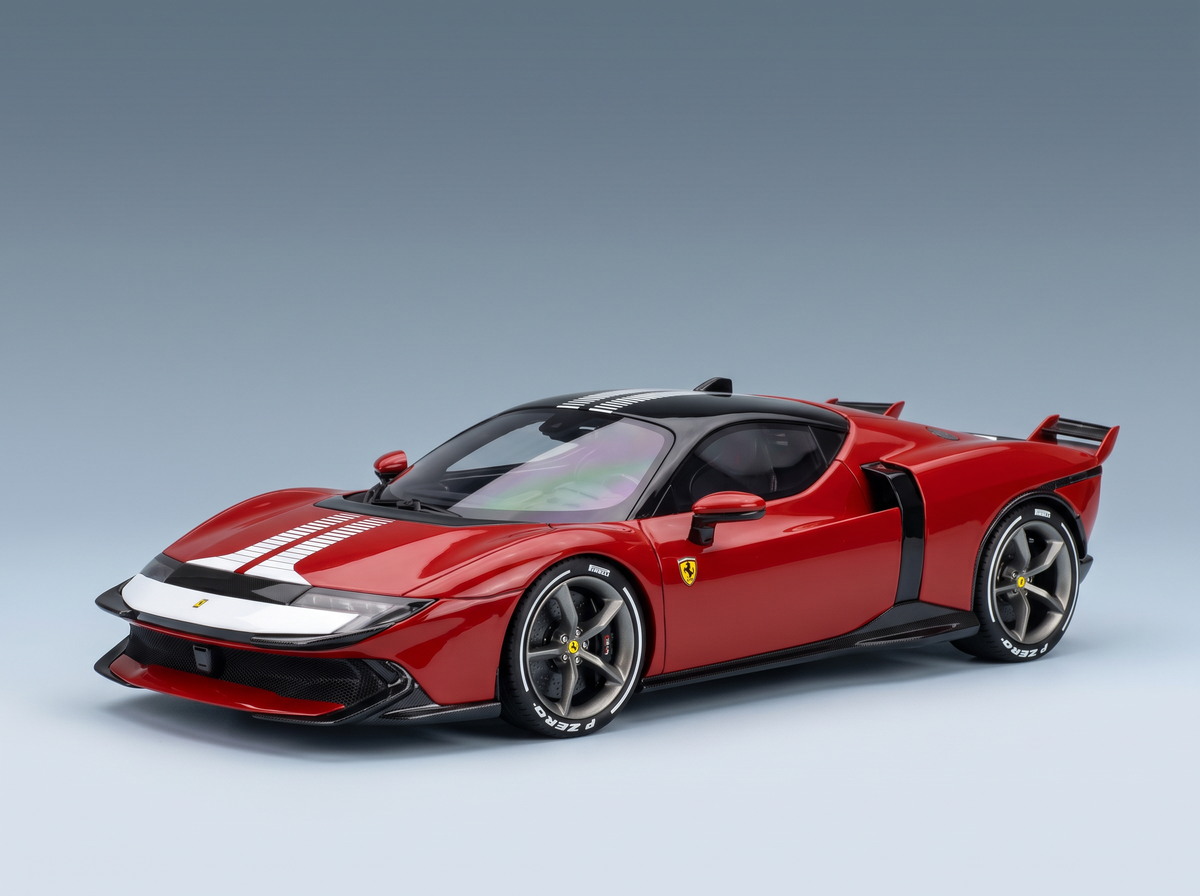 Red ferrari sf90 stradale model car with black accents and white racing stripes in rosso fiammante finish