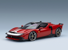 Red ferrari sf90 stradale model car with black accents and white racing stripes in rosso fiammante finish