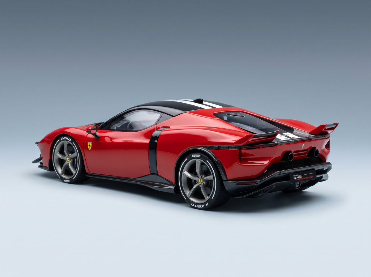 Red ferrari sf90 stradale model car with black accents and detailed alloy wheels featured in rosso fiammante red white showcase