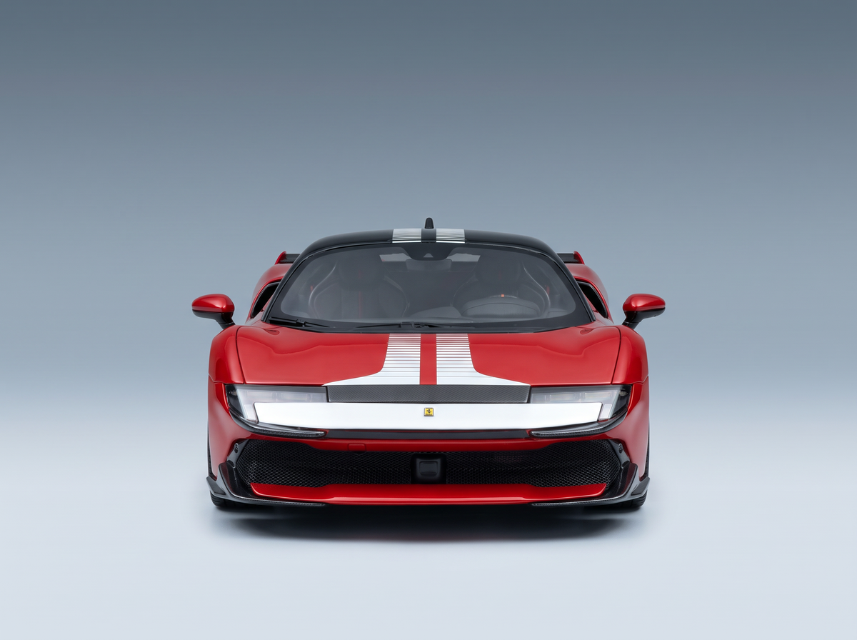 Red and black ferrari 849 testarossa assetto fiorano 2025 model car with white racing stripes on hood rosso fiammante red white