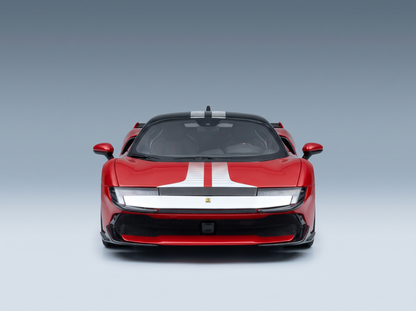 Red and black ferrari 849 testarossa assetto fiorano 2025 model car with white racing stripes on hood rosso fiammante red white