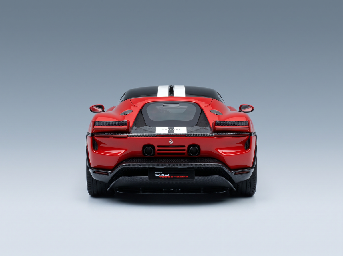 Red ferrari 848 testarossa assetto fiorano 2025 model car with black accents and white racing stripes on hood