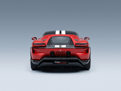 Red ferrari 848 testarossa assetto fiorano 2025 model car with black accents and white racing stripes on hood