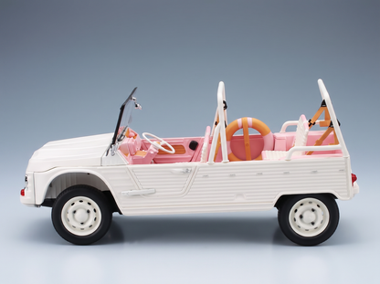 Coche a escala en blanco y rosa con un salvavidas, pieza de colección de Vroomi para los aficionados al automovilismo